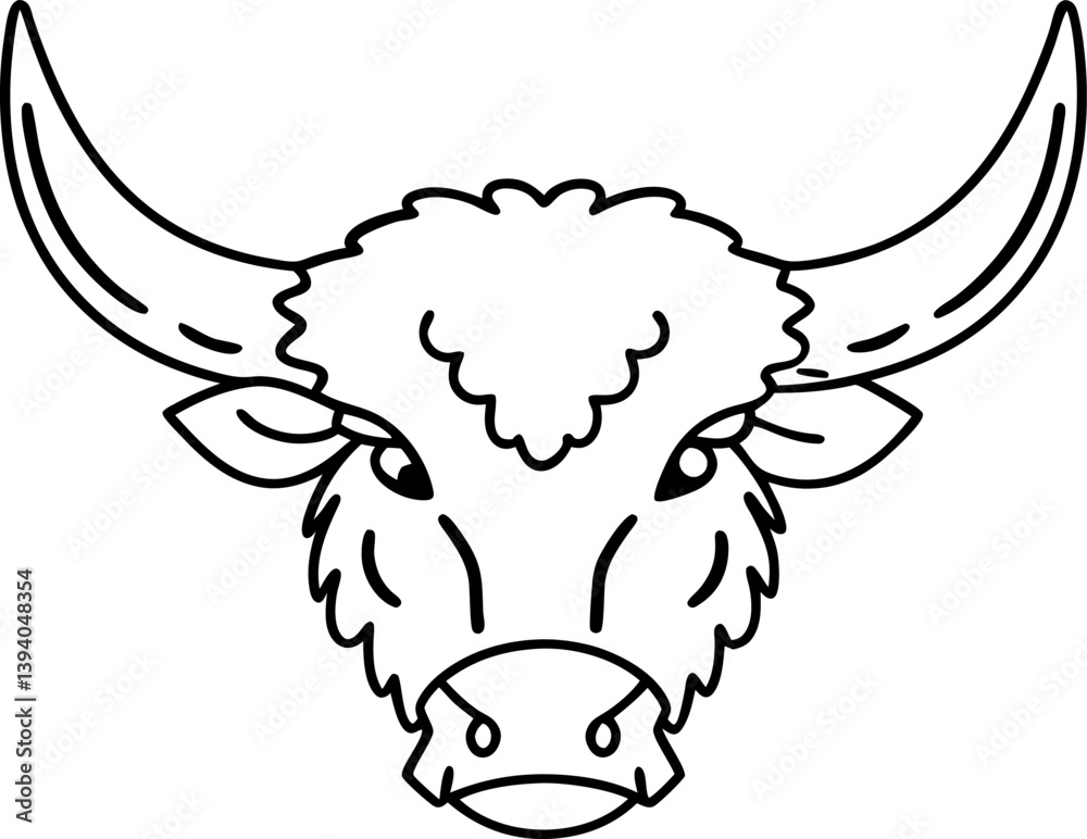 Illustration of bull head with large horns in minimalist black and white line art Illustration of bull head with large horns in minimalist black and white line art