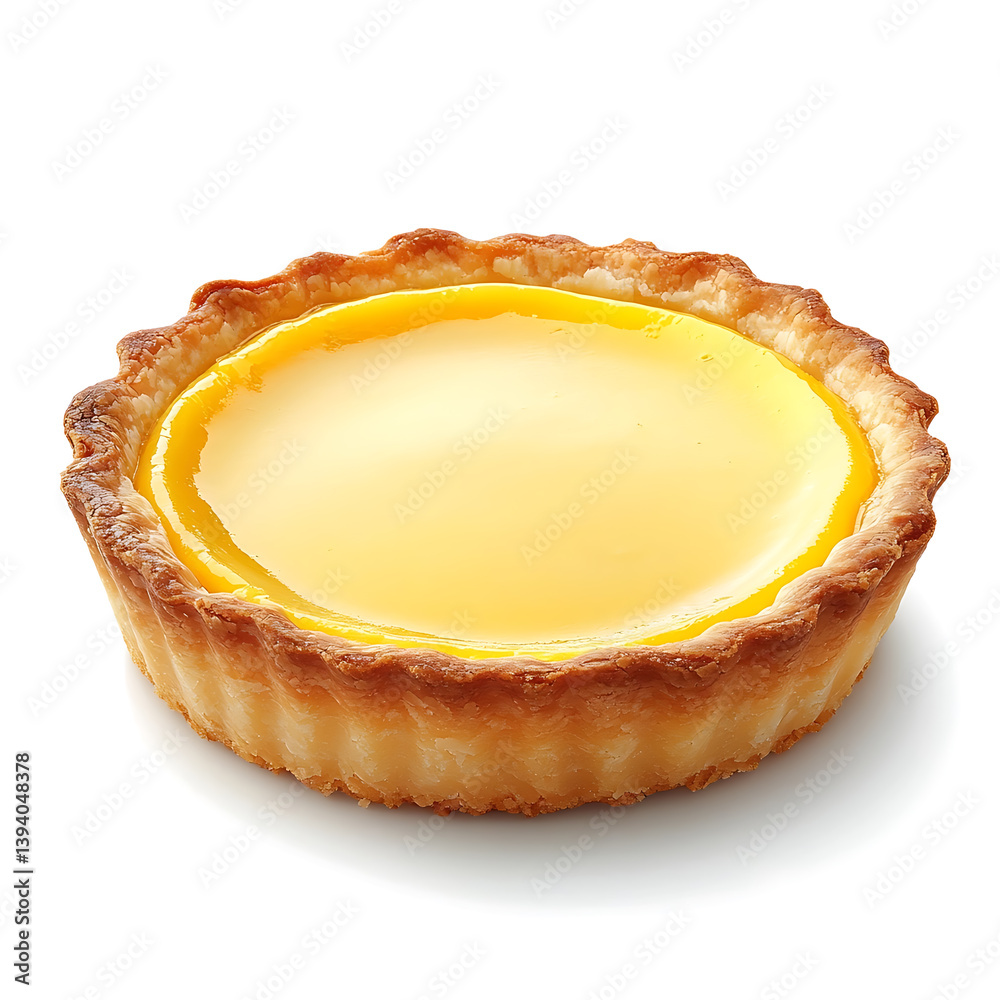 Delicate and silky egg custard tart with a perfectly baked golden flaky crust smooth glossy filling, isolated white background, hyperrealism art style Delicate and silky egg custard tart with a perfectly baked golden flaky crust smooth glossy filling, isolated white background, hyperrealism art style