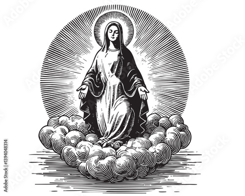 holy virgin mary with halo engraving woodcut vector illustration