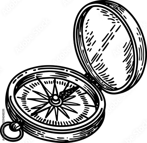 Vintage compass illustration with open lid and detailed navigation dial
