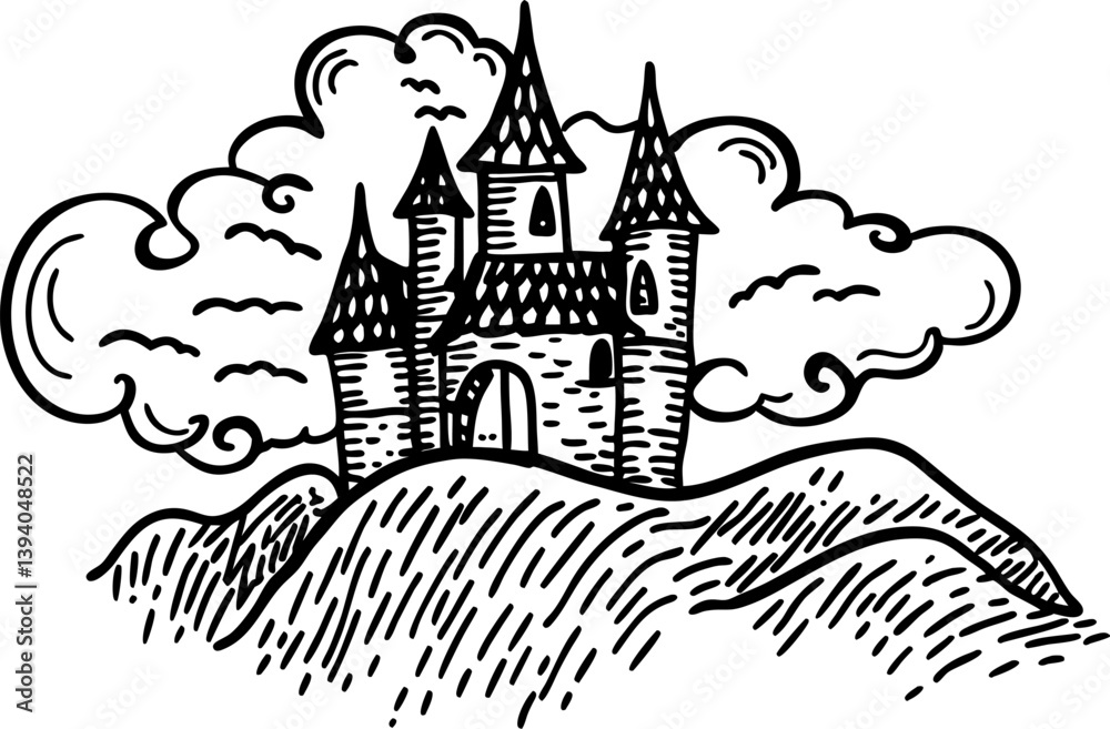 Obraz premium medieval castle on hill with dramatic clouds vintage fairytale illustration, enchanting fantasy art scene