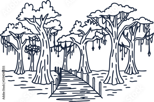 Illustration of dense mangrove forest with wooden pathway and hanging vines