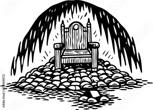 Wooden throne on stone mound under shaded canopy symbol of authority and solitude