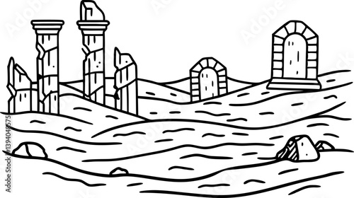 ancient ruins in desert; crumbling arches, pillars scattered amid rocks under clear sky