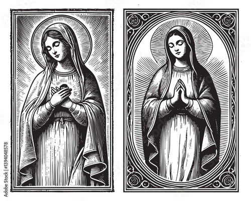 holy virgin mary with halo engraving woodcut vector illustration