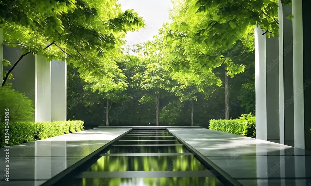Modern garden pathway with water feature and lush greenery.