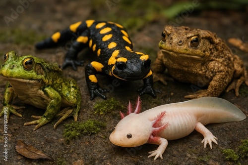Diverse amphibians gather together.