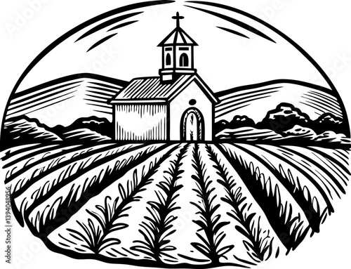 rural chapel and farmland illustration with mountains and agricultural field landscape