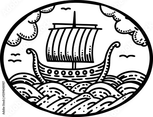 viking ship in ocean waves, hand drawn illustration norse mythology, medieval exploration