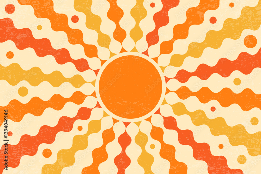 Groovy sun with swirl rays. Retro spiral beams pattern. Abstract 70s vintage poster. Summer radial wavy stripes. Orange and yellow textured sunburst wallpaper. Vector