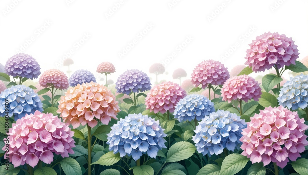 Fototapeta premium Watercolor illustration of colorful hydrangea flowers with pink, blue, and purple hues isolated on white background. Concept of floral beauty and nature.