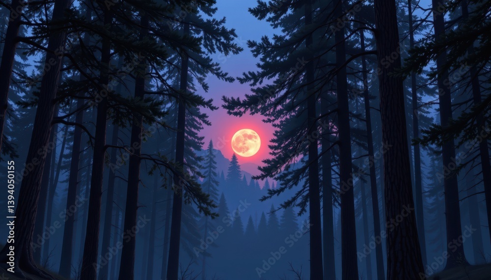 Fototapeta premium A tranquil forest scene with a glowing moon peeking through the branches of tall trees.