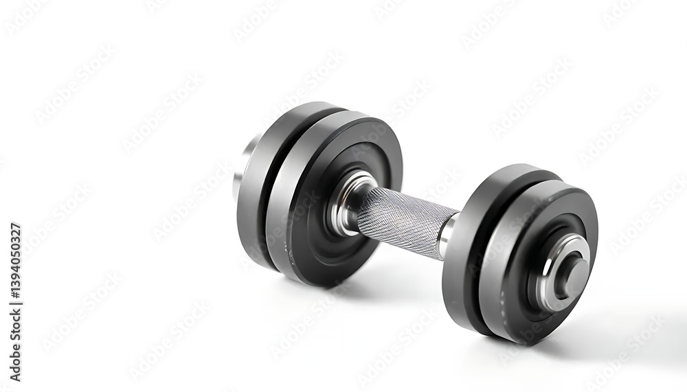 One dumbbell is placed on a white or isolated background. it is black, and the handle is made of textured metal. One dumbbell is placed on a white or isolated background. it is black, and the handle is made of textured metal.