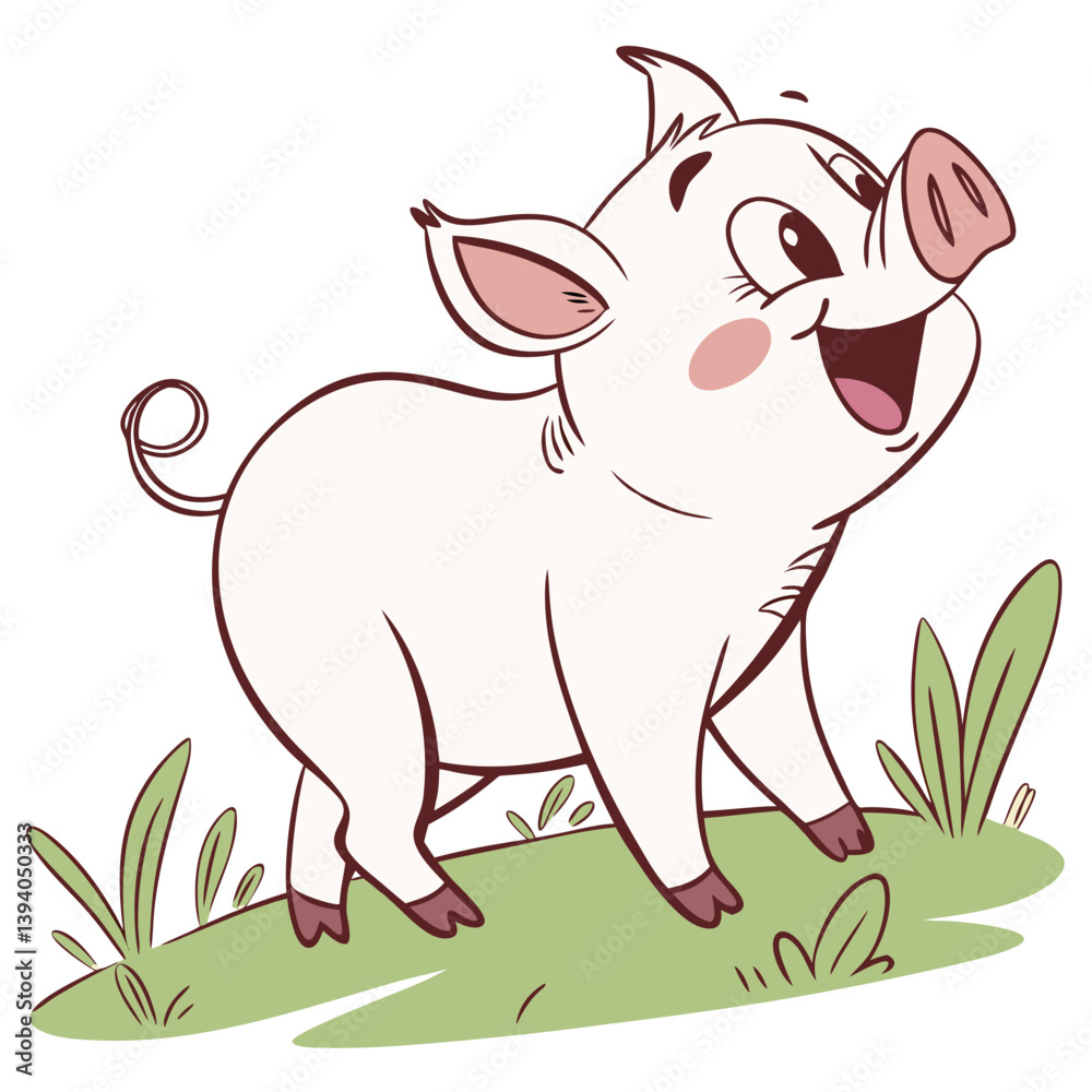Naklejka premium This joyful piglet prances through a vibrant green field, showcasing its playful spirit. The sun shines brightly, creating a delightful atmosphere of happiness and innocence