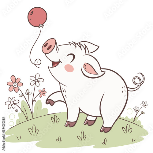 A joyful piglet enjoys playful moments outdoors, happily interacting with a bright red balloon amidst colorful flowers in a vibrant garden on a sunny day