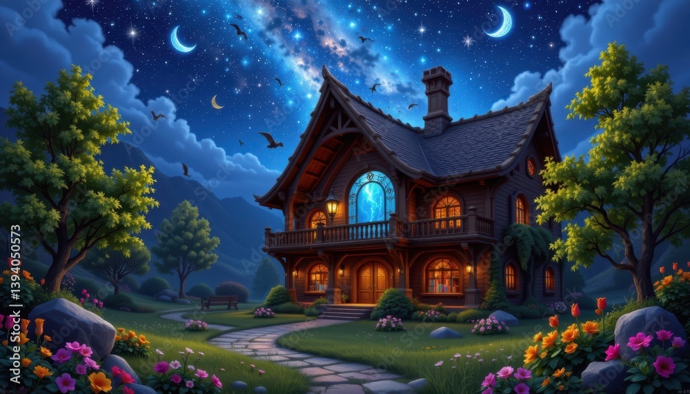 Fototapeta premium A magical library set in nature with an open roof, showcasing a dazzling night sky.
