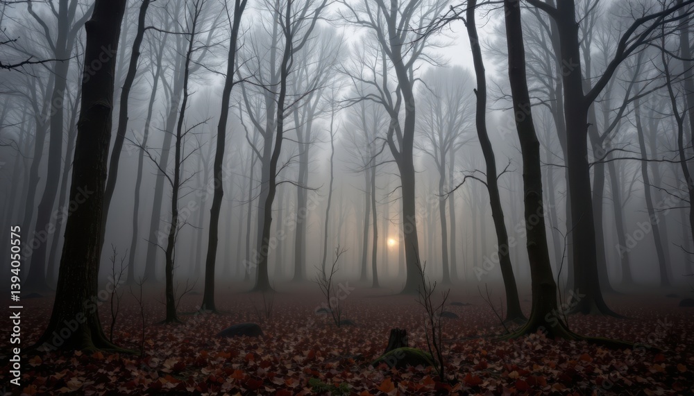 Obraz premium A foggy woodland with ethereal lights among the trees, hinting at hidden stars above.