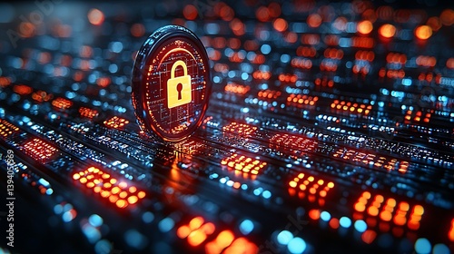 Digital security, glowing lock on circuit board