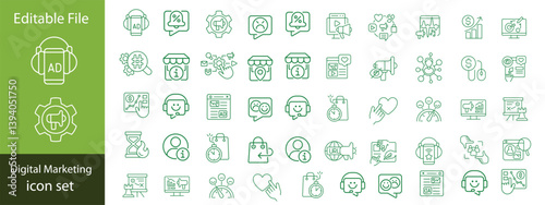 Set of outline icons digital marketing. Linear icon collection. Editable stroke. Vector illustration