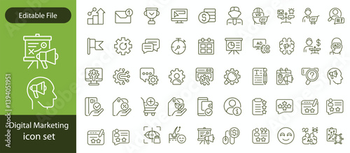 Set of outline icons digital marketing. Linear icon collection. Editable stroke. Vector illustration