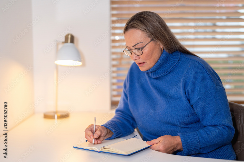 Woman writing in a notebook at a desk with a lamp while seated in a cozy room during daylight hours Woman writing in a notebook at a desk with a lamp while seated in a cozy room during daylight hours