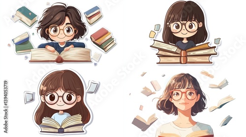Four cute girl illustrations reading books.