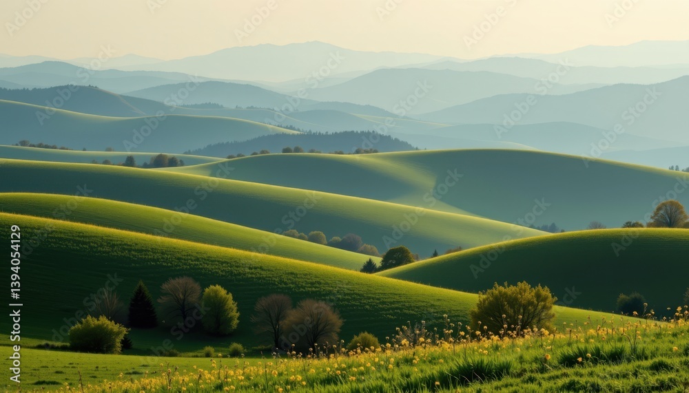 Obraz premium A serene landscape featuring rolling hills of green and gold, with hints of delicate blossoms under a hazy sky.