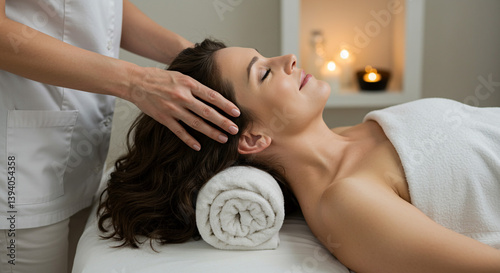 Tranquil escape: A woman surrendering to a soothing head massage in a serene spa setting with soft lighting and a calming atmosphere.
