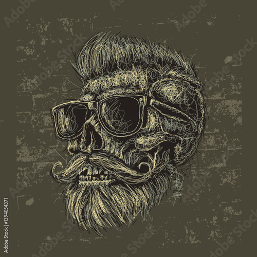 The scribble art vector rockabilly skull head wearing 