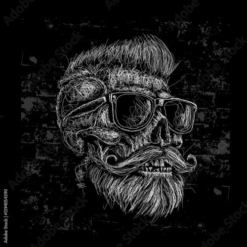The scribble art vector rockabilly skull head wearing glasses