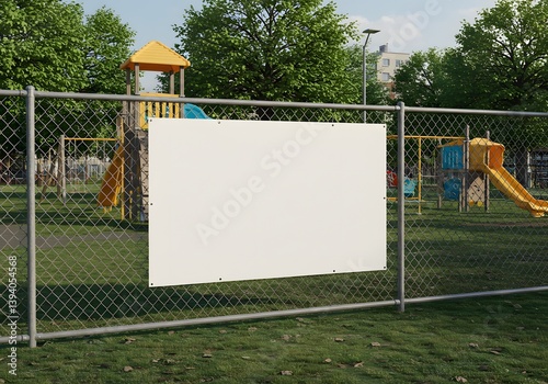 Versatile Advertising Space—Blank White Banner Positioned on a Chain-Link Fence at a Children's Playground