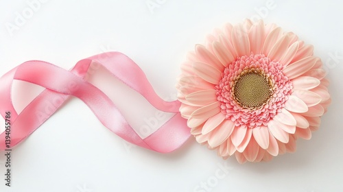 Close Up of Pink Gerbera Daisy with Ribbon on Light Background in Soft Lighting