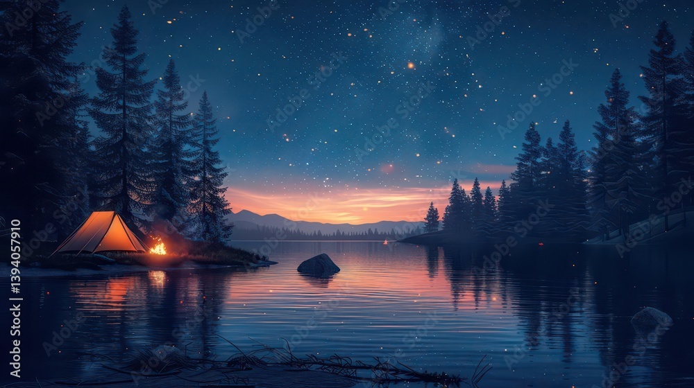 Fototapeta premium A serene lakeside camping scene under a starry sky at twilight.