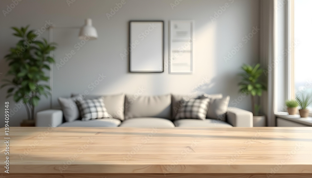Fototapeta premium Wooden table, empty table, living room background. Minimalist style room. Modern home, Scandinavian, warm simple interior. Minimal room. sunlight, wooden floor,white wall, beige wall. good for key up.