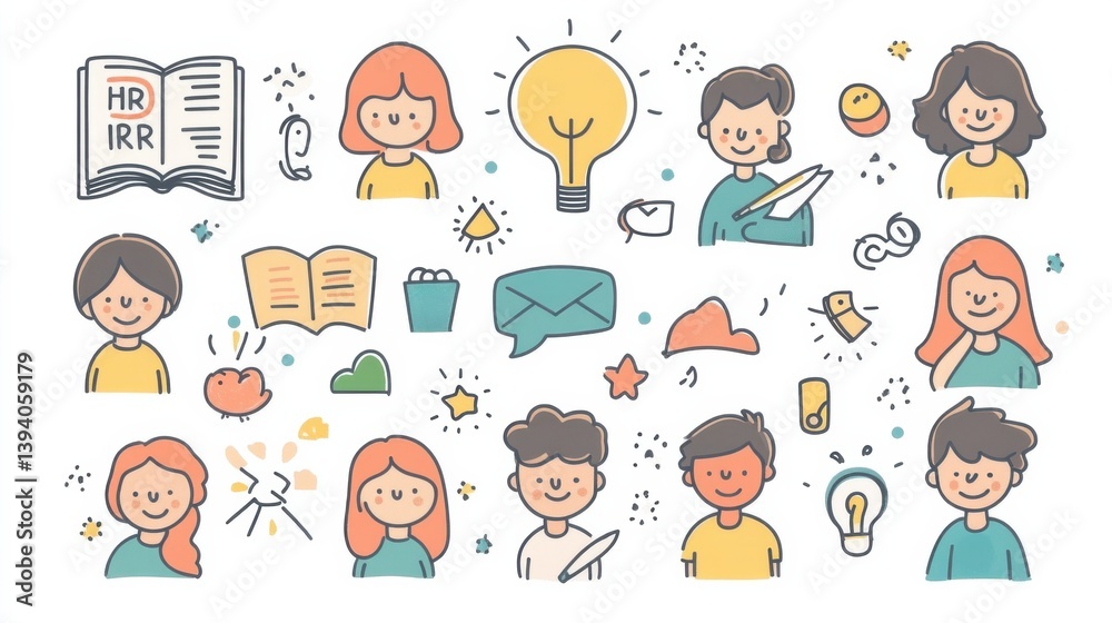 Fototapeta premium Colorful Hand-Drawn Illustrations of People and Objects for Creative Projects and Marketing Use