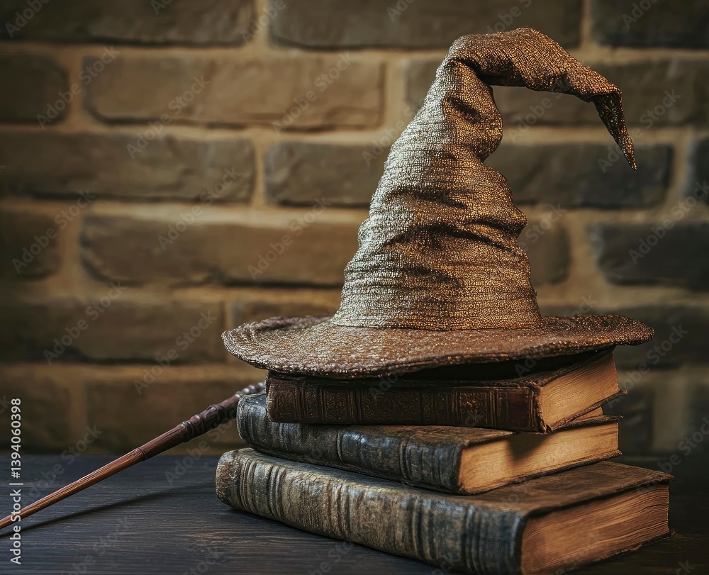 Wizard Hat on Stack of Books with Wand in Dark Room