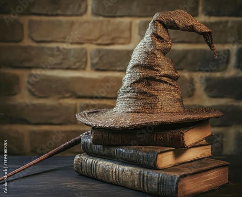 Obraz na płótnie Wizard Hat on Stack of Books with Wand in Dark Room w salonie