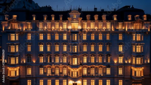 Elegant classic hotel facade illuminated with warm lights at night, showcasing symmetrical architecture and luxury ambiance.

