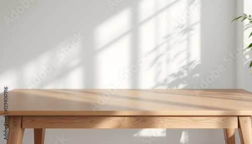 Wooden table, empty table, living room background. Minimalist style room. Modern home, Scandinavian, warm simple interior. Minimal room. sunlight, wooden floor,white wall, beige wall. good for key up.