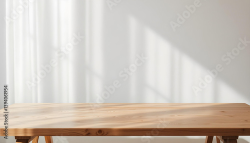 Wooden table, empty table, living room background. Minimalist style room. Modern home, Scandinavian, warm simple interior. Minimal room. sunlight, wooden floor,white wall, beige wall. good for key up.