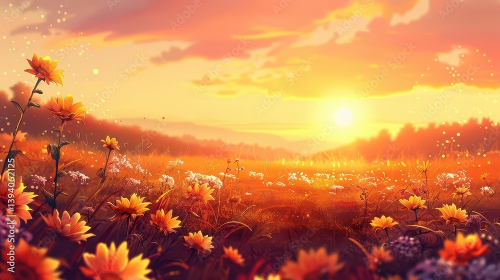 © FAJIYUSNI - A vibrant sunset over a field of flowers, evoking tranquility and natural beauty. © FAJIYUSNI - A vibrant sunset over a field of flowers, evoking tranquility and natural beauty.