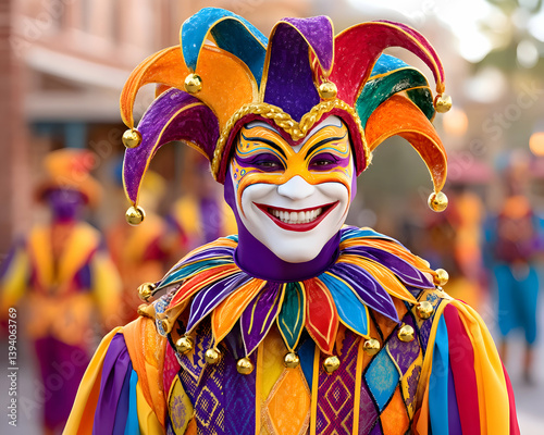 A vibrant jester in a colorful costume smiles broadly, bells adorning the hat and collar