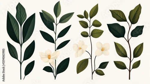 Wallpaper Mural Romantic Vintage Botanical Illustration Featuring Soft Green Leaves and White Flowers in a Gentle Style Torontodigital.ca