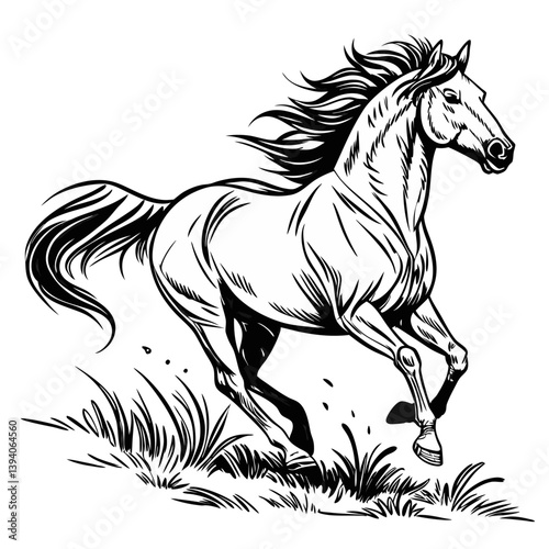 Dynamic Black and White Sketch of a Galloping Stallion in Pen and Ink Style