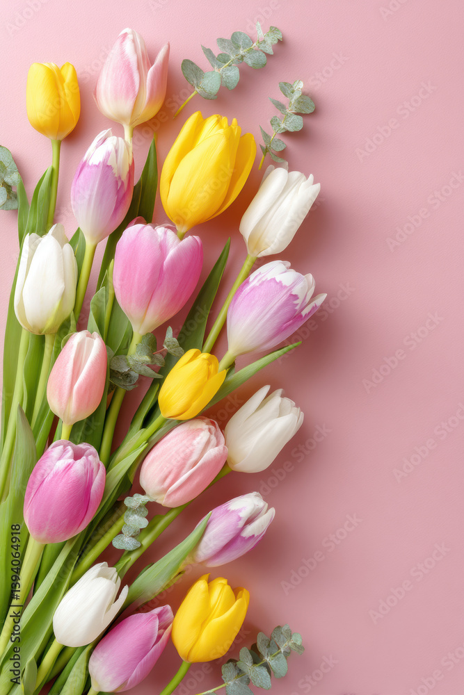 Obraz premium Colorful arrangement of fresh tulips in yellow, pink and white with eucalyptus leaves against soft pink background 