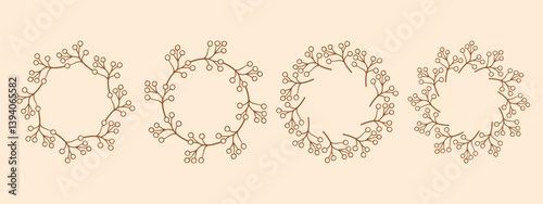Simple flower circle frame set. Hand drawn brown round line border, leaves and flowers, wedding invitation and cards, logo design and posters template. Elegant minimal style floral isolated set