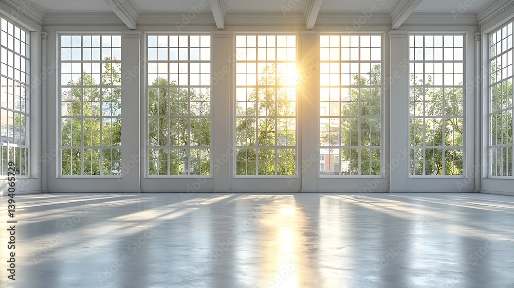Obraz premium Empty sunlit room with large windows