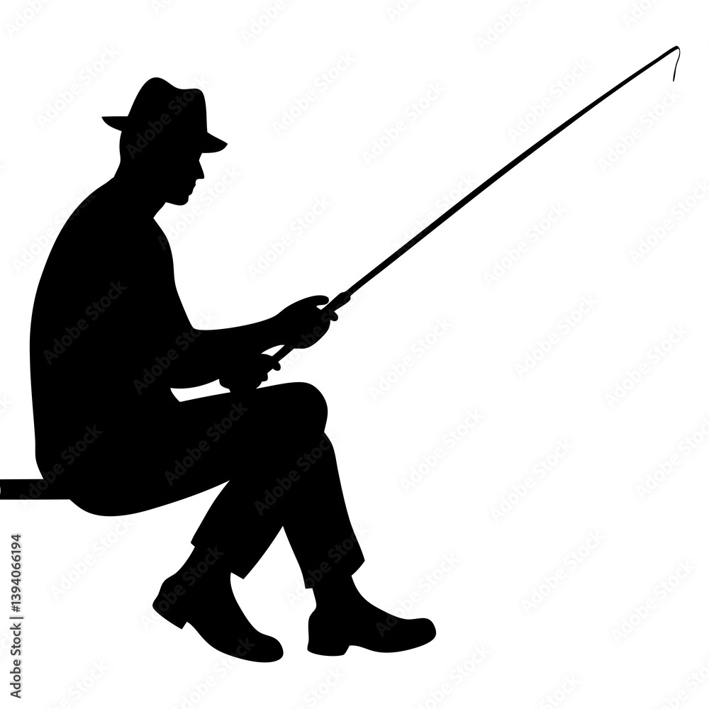 Obraz premium River side sitting and fishing on the fisher man silhouette vector isolated on white background