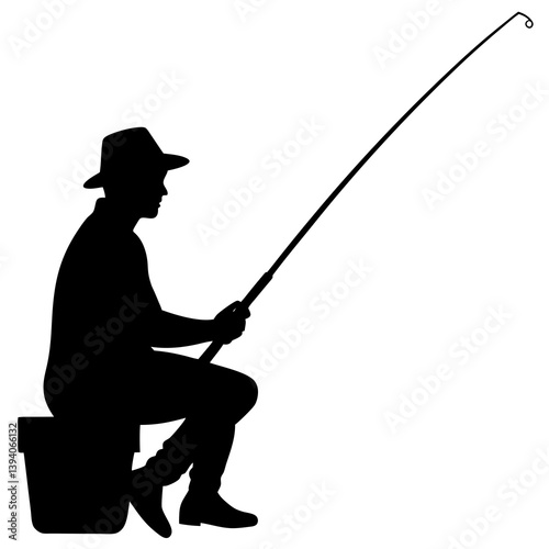 River side sitting and fishing on the fisher man silhouette vector isolated on white background