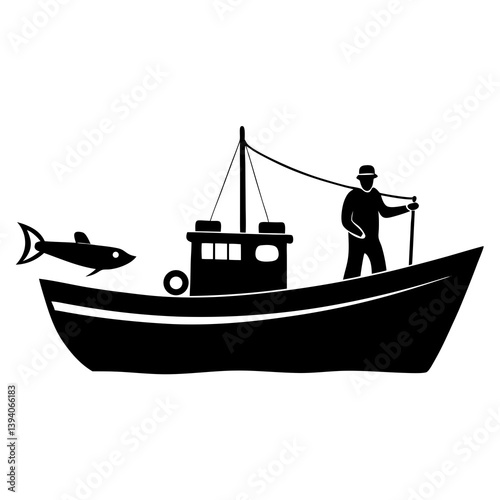 Boat sitting and fishing on the fisher man silhouette vector isolated on white background